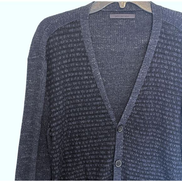 John Varvatos Button Cardigan Mens Large Navy Blue Mixed Stitch V-Neck Sweater - Picture 2 of 8